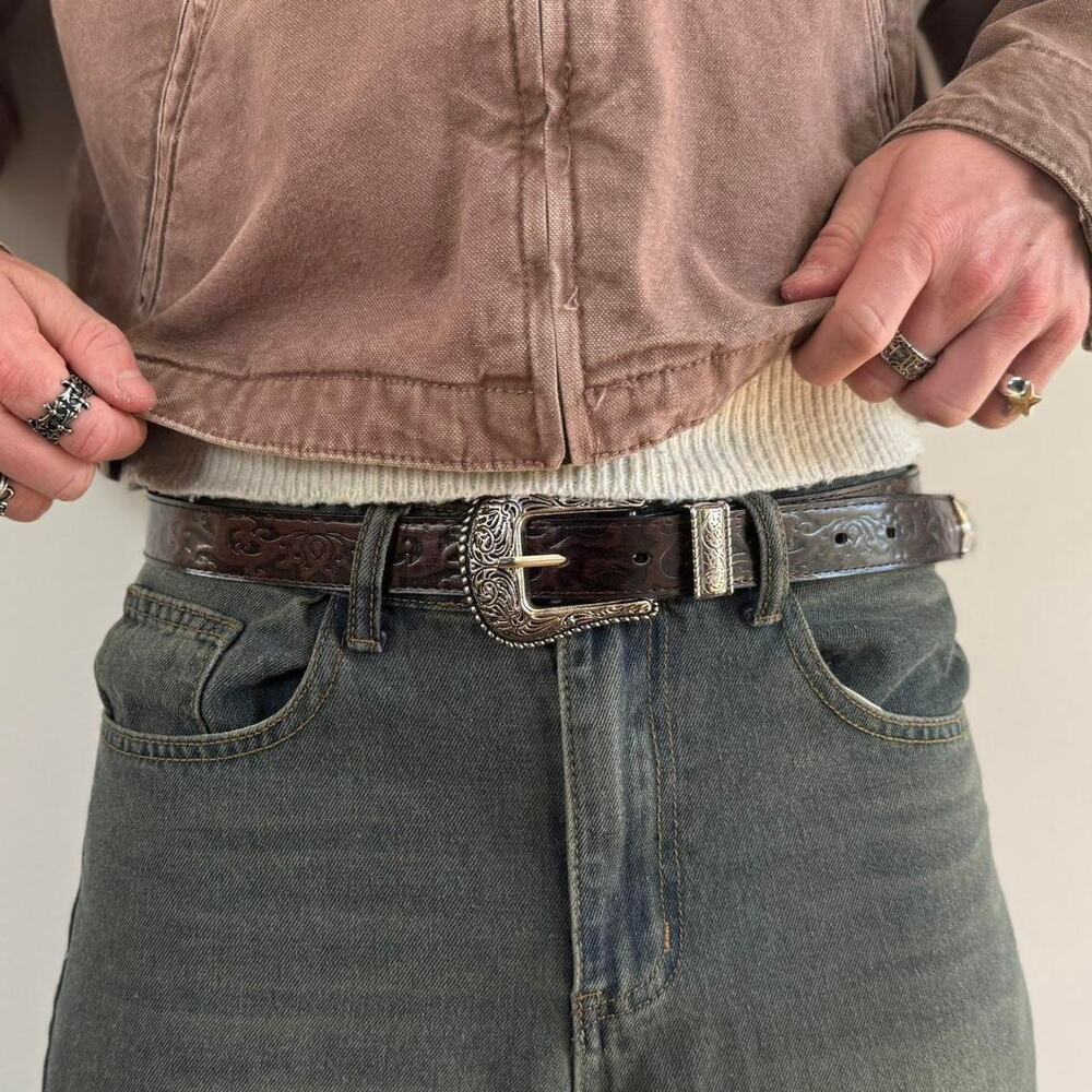 y2k brown leather and silver western cowboy boho belt - Picture 9 of 9